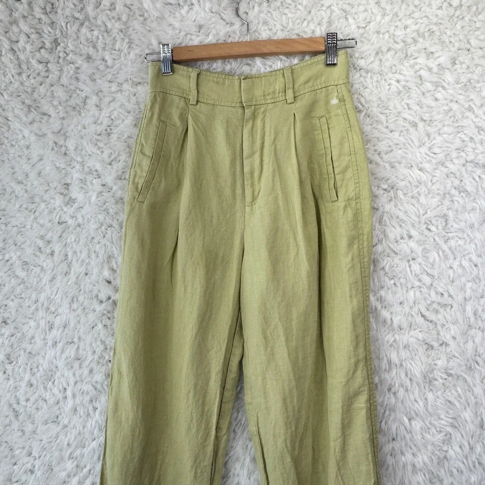 Everlane Linen Pleated Pants Womens‎ 00 Green High Waisted Minimalist Trousers